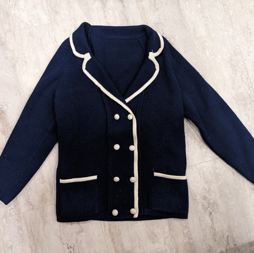 Vintage Navy Blue Double-Breasted Cardigan Blazer with White Trim